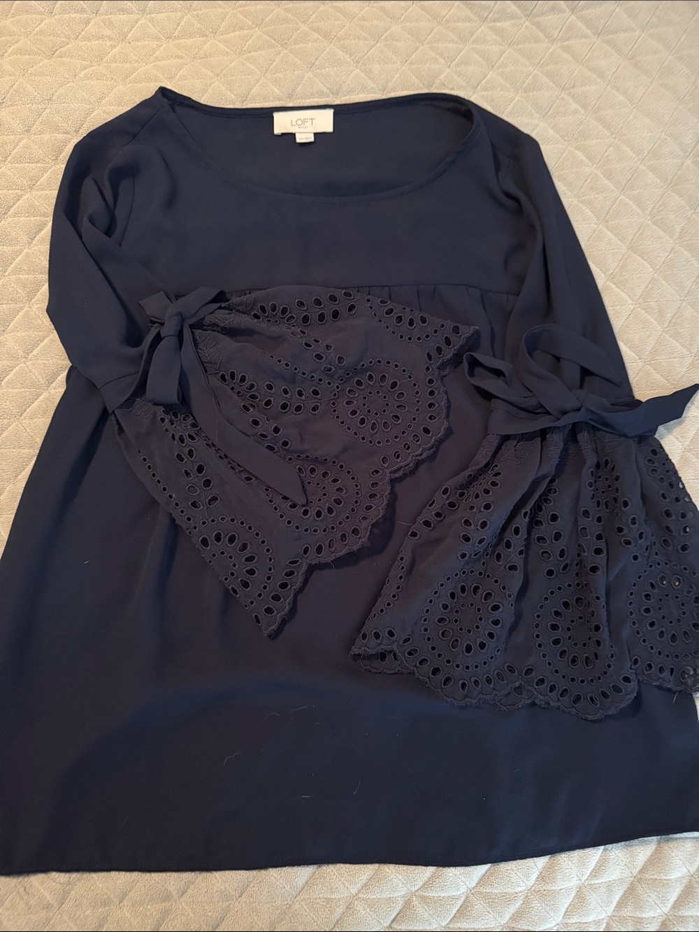LOFT Navy Eyelet Bell-Sleeve Top with Tie Details